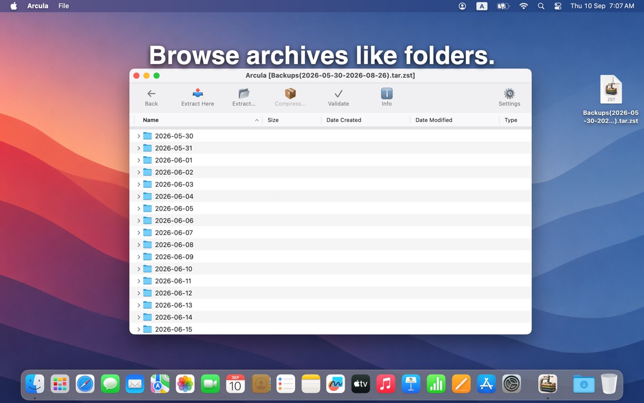 Browsing a TAR.ZST archive in Arcula