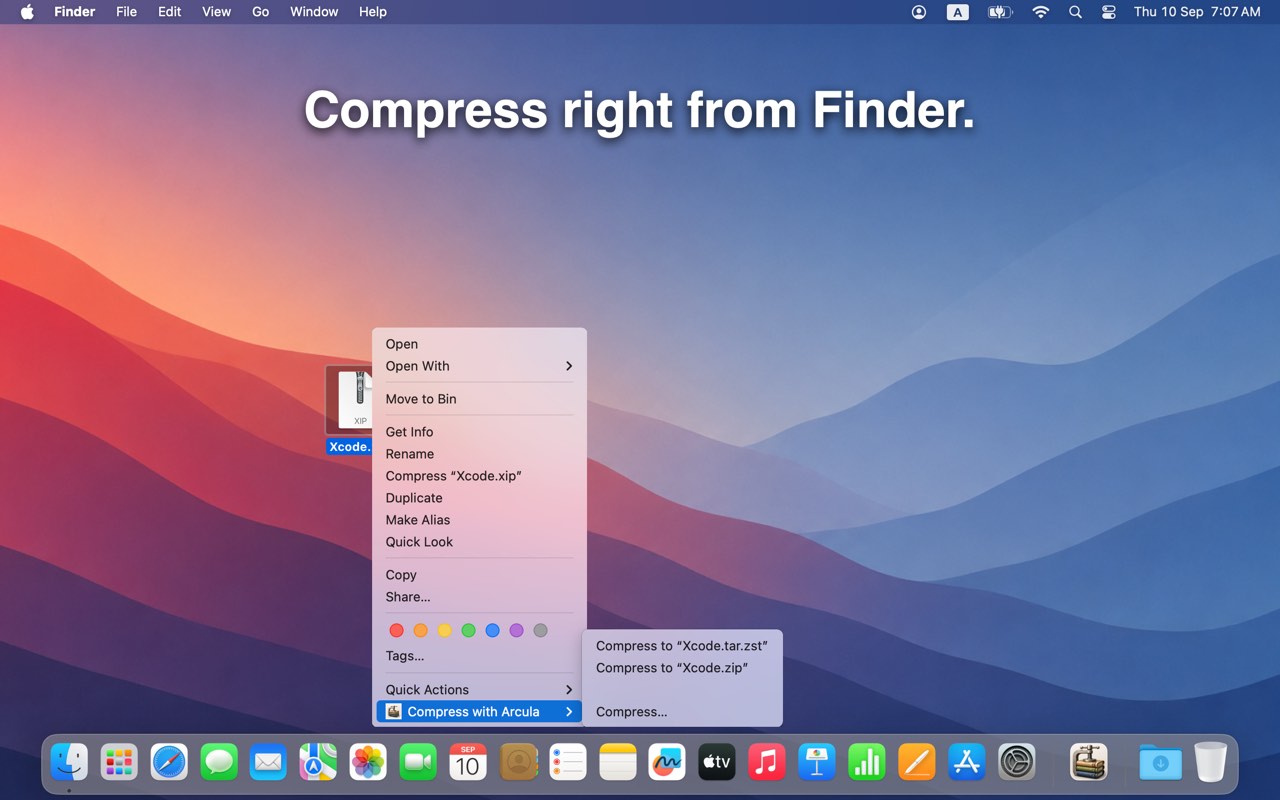 Compress with Arcula from the Finder context menu