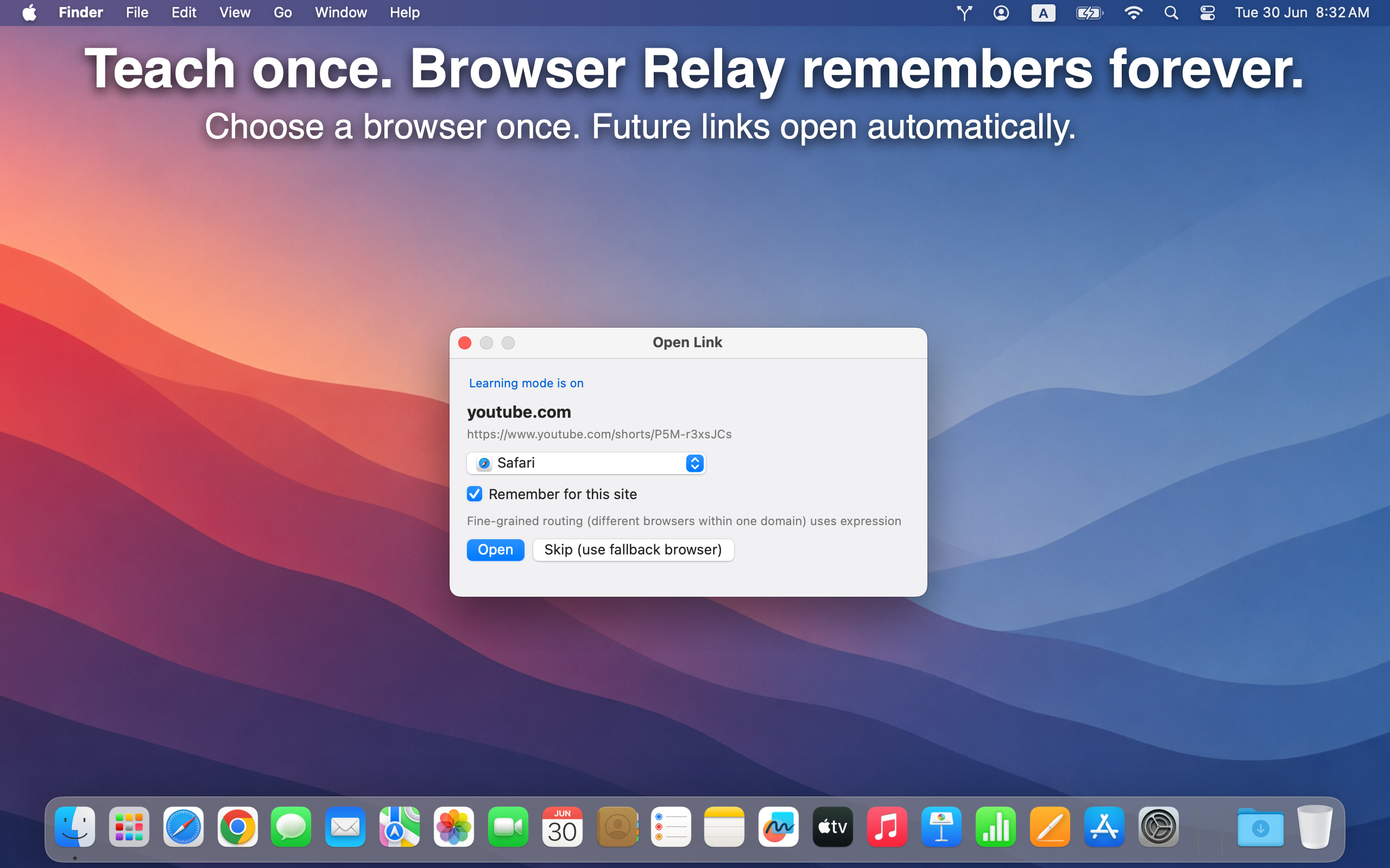 Learning Mode dialog — choose a browser and remember for this site