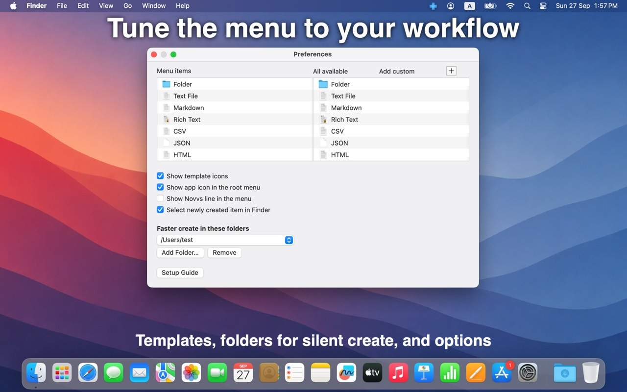 Novvs Preferences — templates and silent create folders