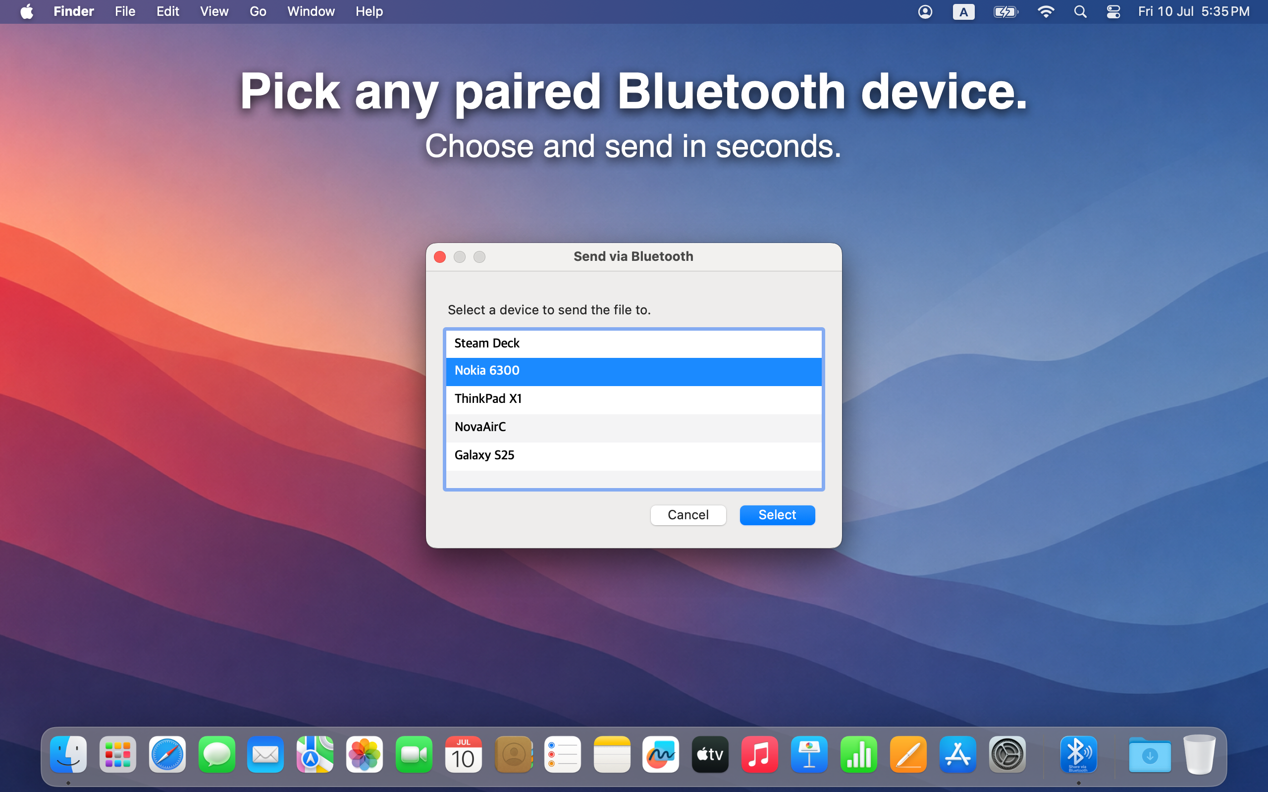 Select a paired Bluetooth device to send the file